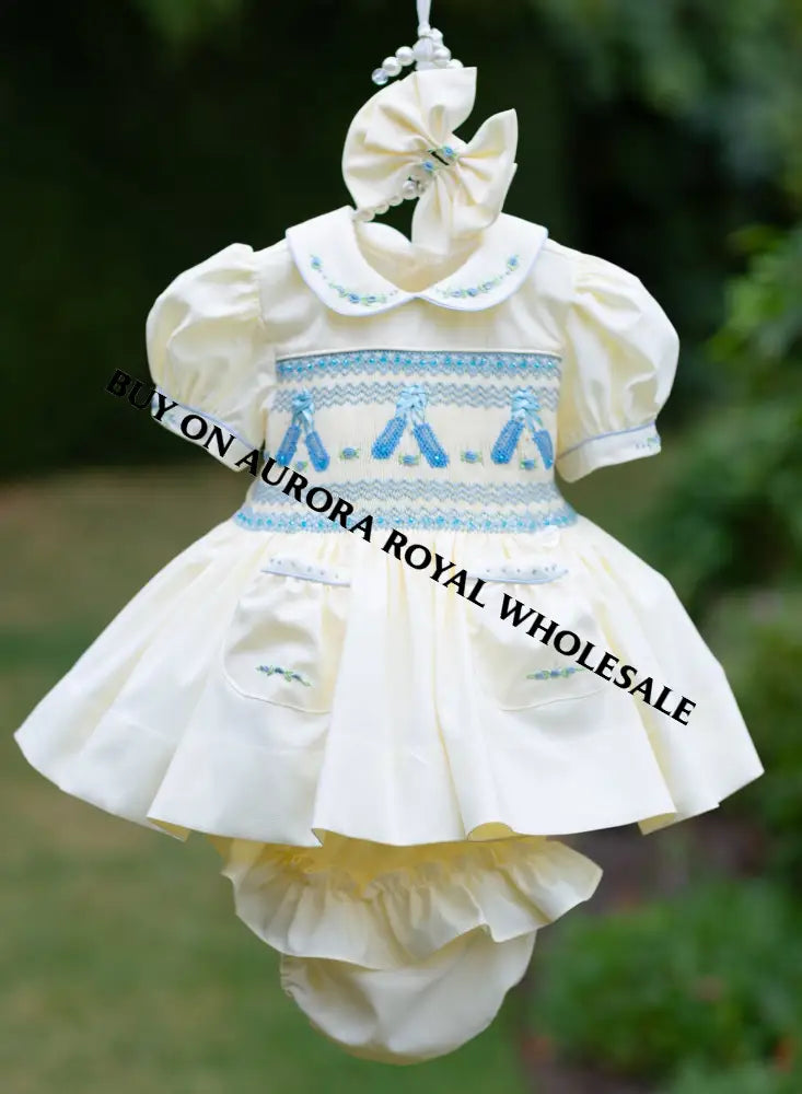 NEW😍LINA BALLERINA🩰PACK OF 5 SIZES CREAM & BLUE🩵HAND-SMOCKED🧵🪡DRESS & ACCESSORIES🎀 - DRESS