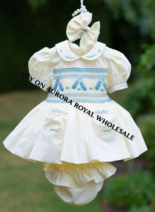 NEW😍LINA BALLERINA🩰PACK OF 5 SIZES CREAM & BLUE🩵HAND-SMOCKED🧵🪡DRESS & ACCESSORIES🎀 - DRESS