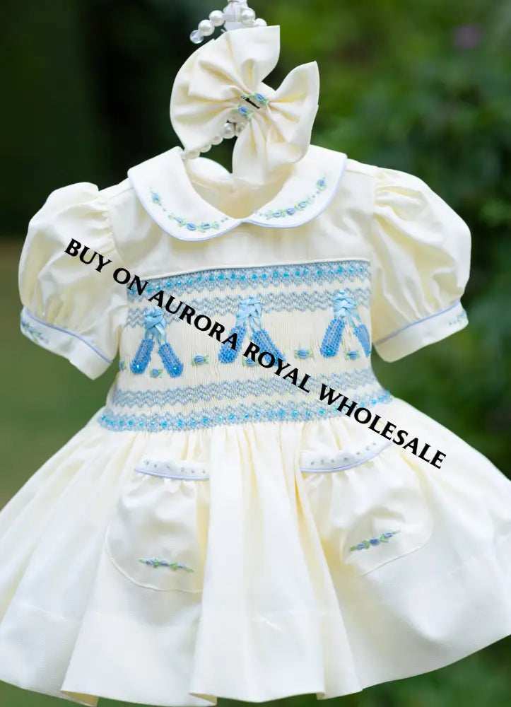 NEW😍LINA BALLERINA🩰PACK OF 5 SIZES CREAM & BLUE🩵HAND-SMOCKED🧵🪡DRESS & ACCESSORIES🎀 - DRESS