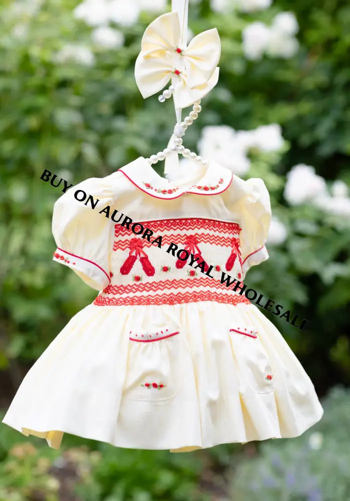 NEW🤩LINA BALLERINA🩰PACK OF 5 SIZES CREAM & RED🎄 HAND-SMOCKED🧵🪡DRESS & ACCESSORIES🎀 - DRESS