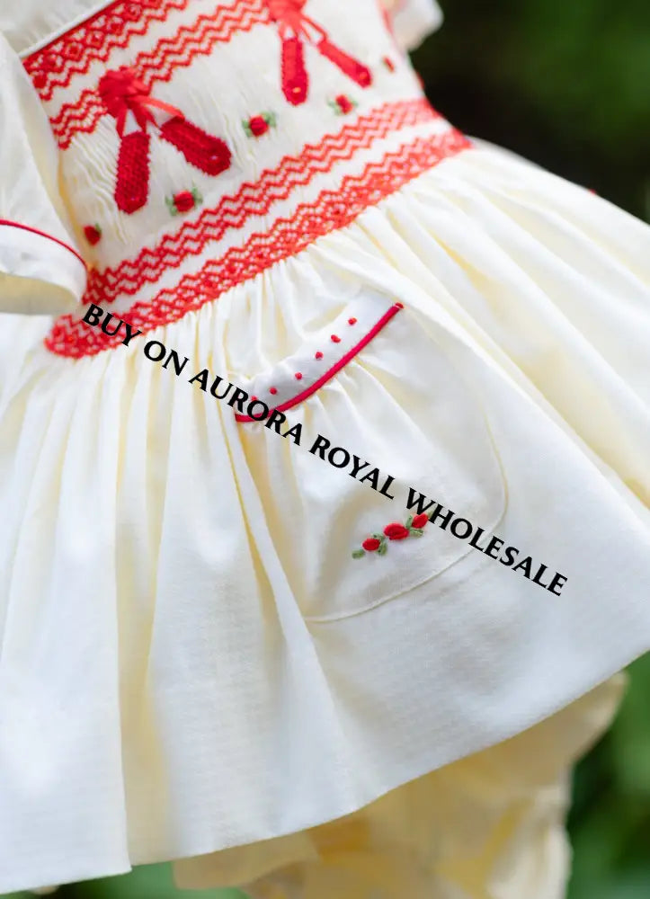 NEW🤩LINA BALLERINA🩰PACK OF 5 SIZES CREAM & RED🎄 HAND-SMOCKED🧵🪡DRESS & ACCESSORIES🎀 - DRESS