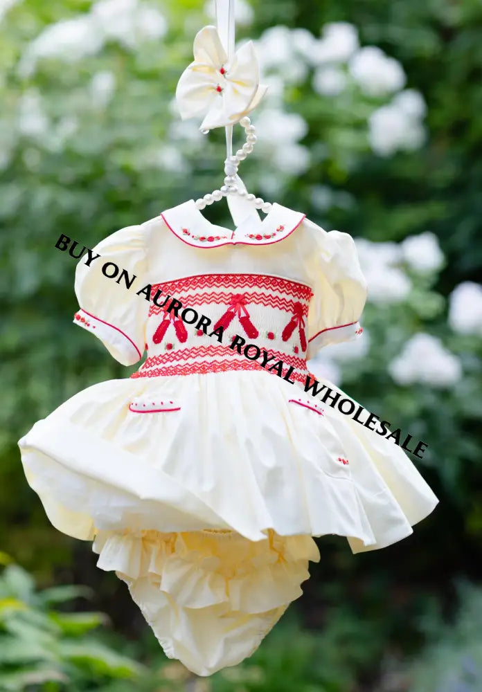 NEW🤩LINA BALLERINA🩰PACK OF 5 SIZES CREAM & RED🎄 HAND-SMOCKED🧵🪡DRESS & ACCESSORIES🎀 - DRESS