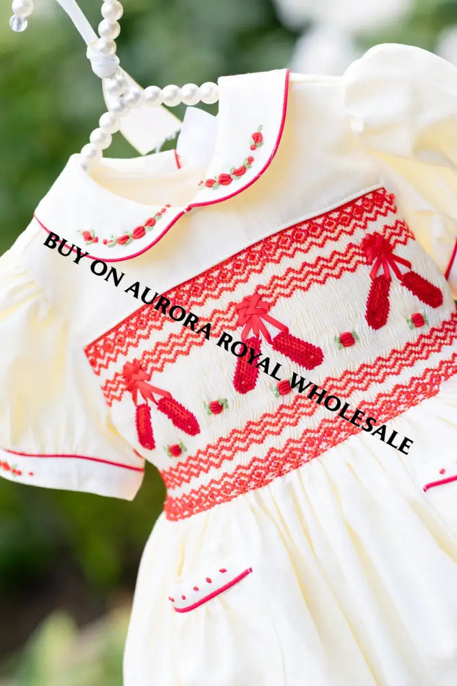 NEW🤩LINA BALLERINA🩰PACK OF 5 SIZES CREAM & RED🎄 HAND-SMOCKED🧵🪡DRESS & ACCESSORIES🎀 - DRESS