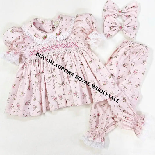 PRE-ORDER🤩NEW💖MIA PACK OF 6 SIZES Pink Floral🌷Swiss Dots Hand-Smocked 🧵🪡Pyjamas & Hair Accessories🎀🎀 Baby-Toddler