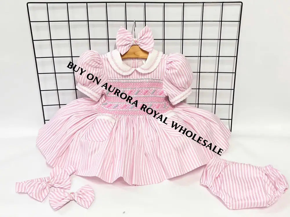 NEW PACK OF 3 SIZES PINK🌷STRIPES DELILAH HAND-SMOCKED🧵🪡DRESS PANTIES (6M-24M) & BOWS OR HEADBAND 🎀🎀 Baby-Toddler Dresses