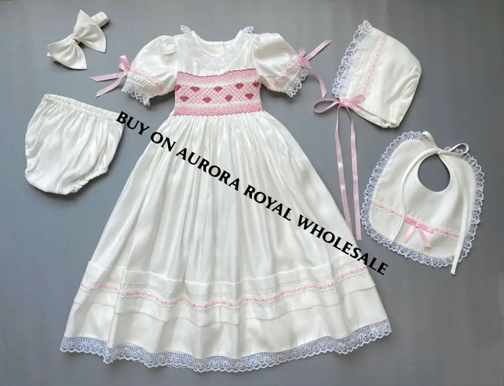 NEW! PACK OF 4 SETS NEW👑TERESA🧚🏻‍♀️🧚WHITE & CREAM🎂HAND-SMOCKED🧵🪡CEREMONY/DAY GOWN BONNET BIB,KNICKERS & HEADBAND SET🎀