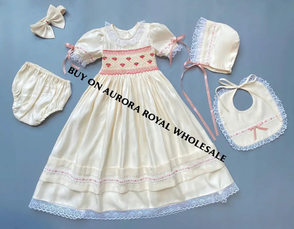 NEW! PACK OF 4 SETS NEW👑TERESA🧚🏻‍♀️🧚WHITE & CREAM🎂HAND-SMOCKED🧵🪡CEREMONY/DAY GOWN BONNET BIB,KNICKERS & HEADBAND SET🎀