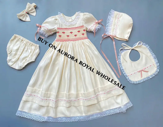 NEW! PACK OF 4 SETS NEW👑TERESA🧚🏻‍♀️🧚WHITE & CREAM🎂HAND-SMOCKED🧵🪡CEREMONY/DAY GOWN BONNET BIB,KNICKERS & HEADBAND SET🎀