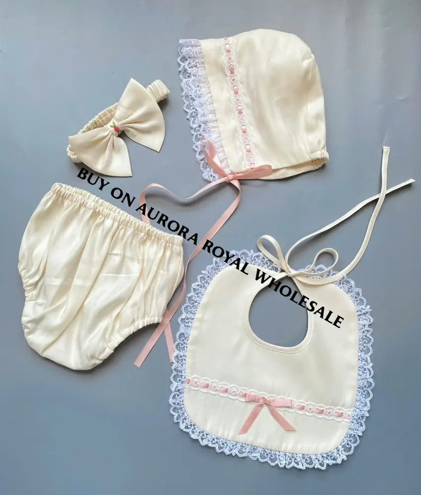 NEW! PACK OF 4 SETS NEW👑TERESA🧚🏻‍♀️🧚WHITE & CREAM🎂HAND-SMOCKED🧵🪡CEREMONY/DAY GOWN BONNET BIB,KNICKERS & HEADBAND SET🎀
