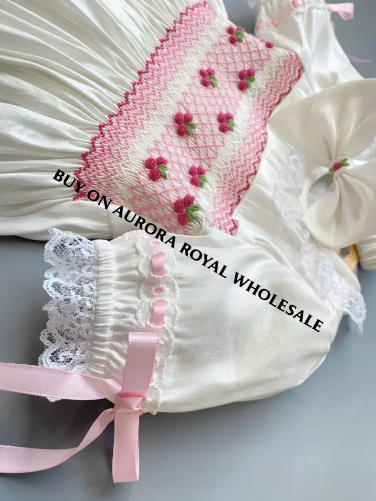 NEW! PACK OF 4 SETS NEW👑TERESA🧚🏻‍♀️🧚WHITE & CREAM🎂HAND-SMOCKED🧵🪡CEREMONY/DAY GOWN BONNET BIB,KNICKERS & HEADBAND SET🎀