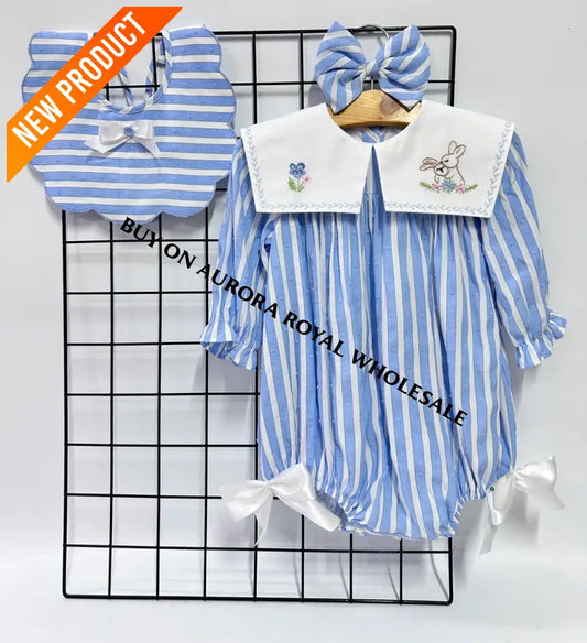 NEW🤩PACK OF 4 SIZES VIVI BLUE🩵STRIPED HAND EMBROIDERED🧵🪡BABY ROMPER BIB & HAIR ACCESSORIES🎀 BABY/TODDLER OUTFIT