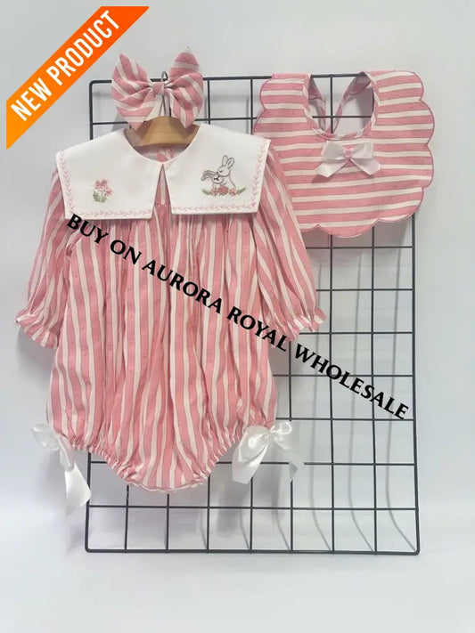 NEW🤩PACK OF 4 SIZES VIVI CORAL🪸STRIPED HAND EMBROIDERED🧵🪡BABY ROMPER BIB & HAIR ACCESSORIES🎀 BABY/TODDLER OUTFIT