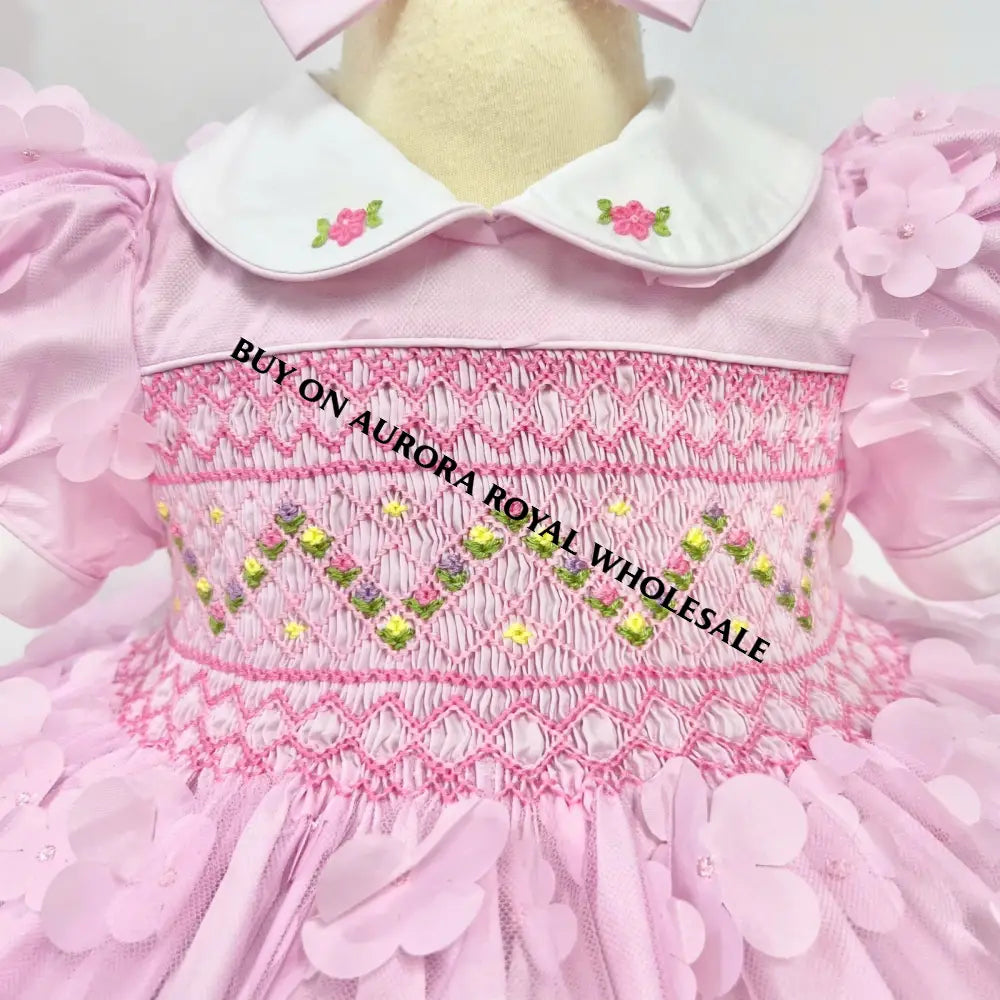 New👸🤩Pack Of 5 New Amelia Baby Pink 🧚‍♂️🍁Hand-Smocked Dress & Bows🎀 Baby-Toddler Dresses