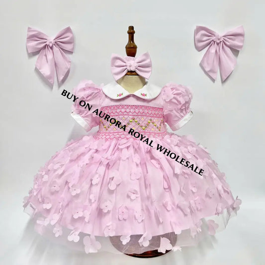 New👸🤩Pack Of 5 New Amelia Baby Pink 🧚‍♂️🍁Hand-Smocked Dress & Bows🎀 Baby-Toddler Dresses