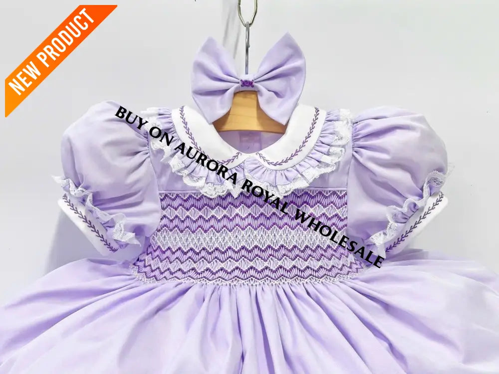 NEW🤩PACK OF 5 ANNALISE LILAC💜HAND-SMOCKED🧵🪡DRESS & HAIR ACCESSORIES🎀 BABY/TODDLER DRESS