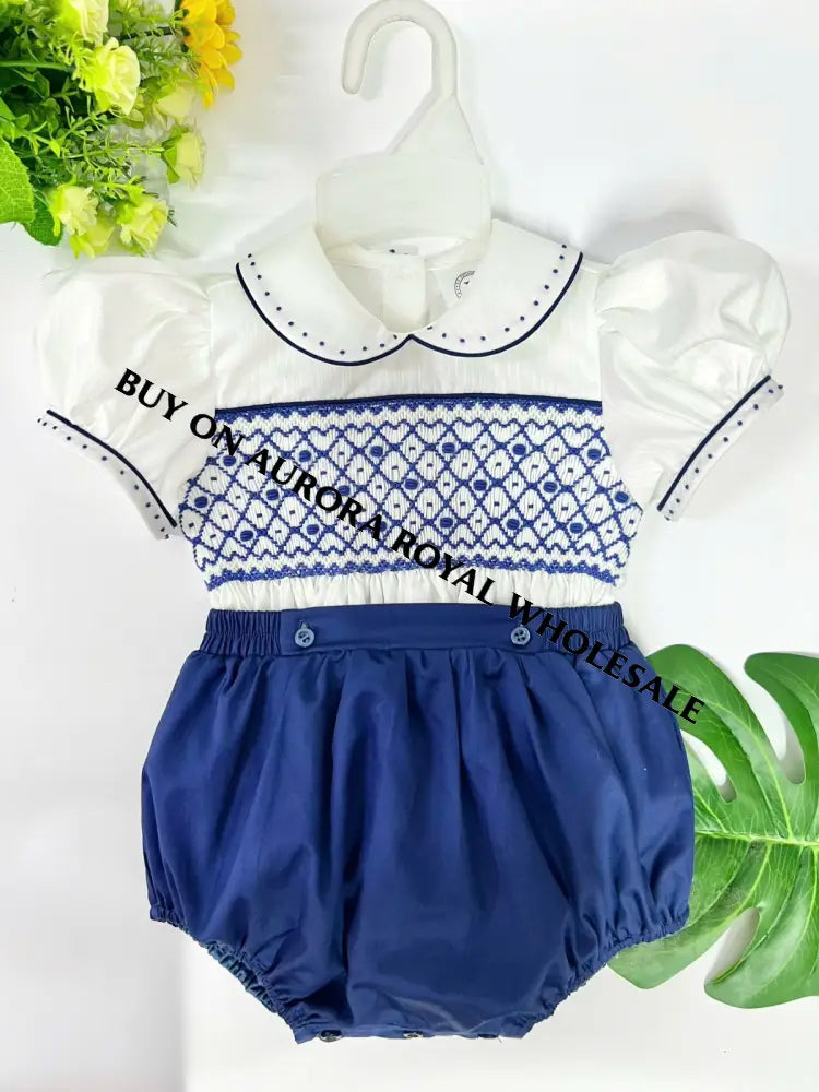 New Pack Of 5 Sizes 🎄🤶Alex Navy 💙Hand-Smocked Cotton Romper/Suit👼👼 Baby-Toddler Outfit