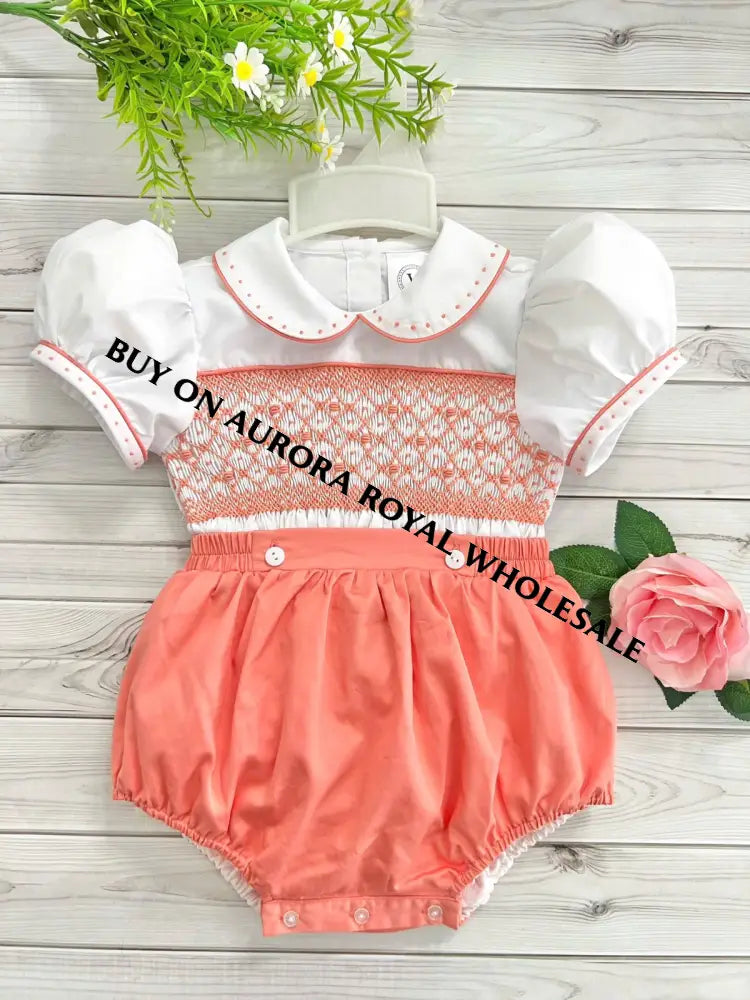 New🤩🍁Pack Of 5 Sizes Alex Peachy/Orange🧡Hand-Smocked Baby Suit👼 Baby-Toddler Outfit