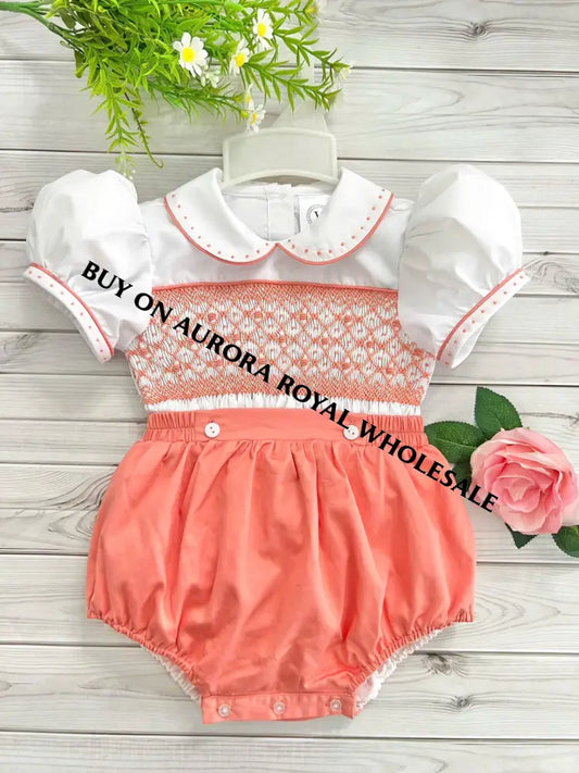 New🤩🍁Pack Of 5 Sizes Alex Peachy/Orange🧡Hand-Smocked Baby Suit👼 Baby-Toddler Outfit