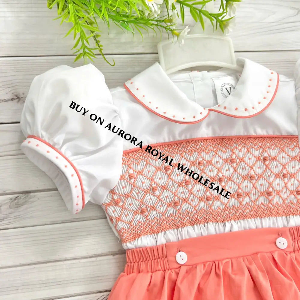 New🤩🍁Pack Of 5 Sizes Alex Peachy/Orange🧡Hand-Smocked Baby Suit👼 Baby-Toddler Outfit