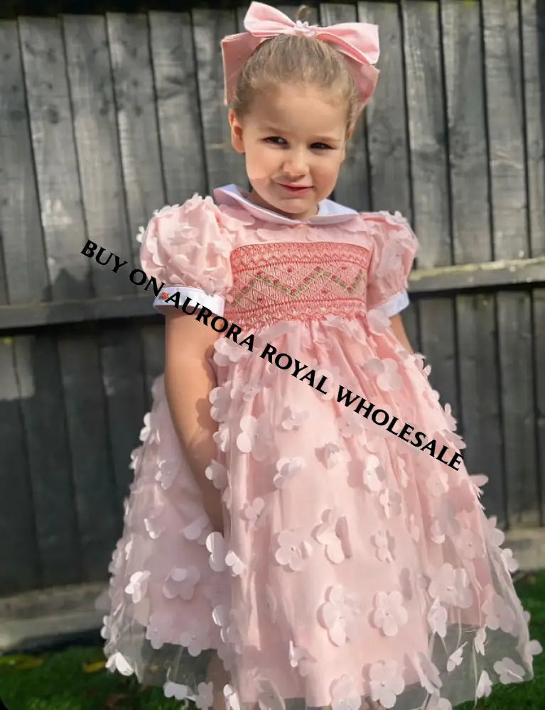 New🧚‍♂️👸Pack Of 5 Sizes Amelia Peach 🪷Hand-Smocked Dress & Bows🎀 Baby-Toddler Dresses