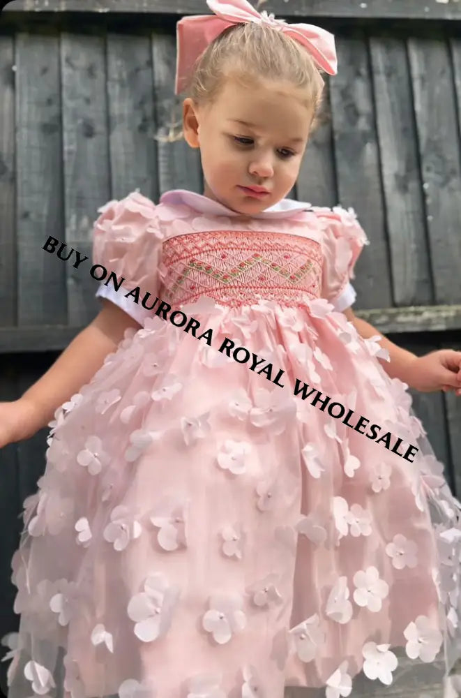 New🧚‍♂️👸Pack Of 5 Sizes Amelia Peach 🪷Hand-Smocked Dress & Bows🎀 Baby-Toddler Dresses