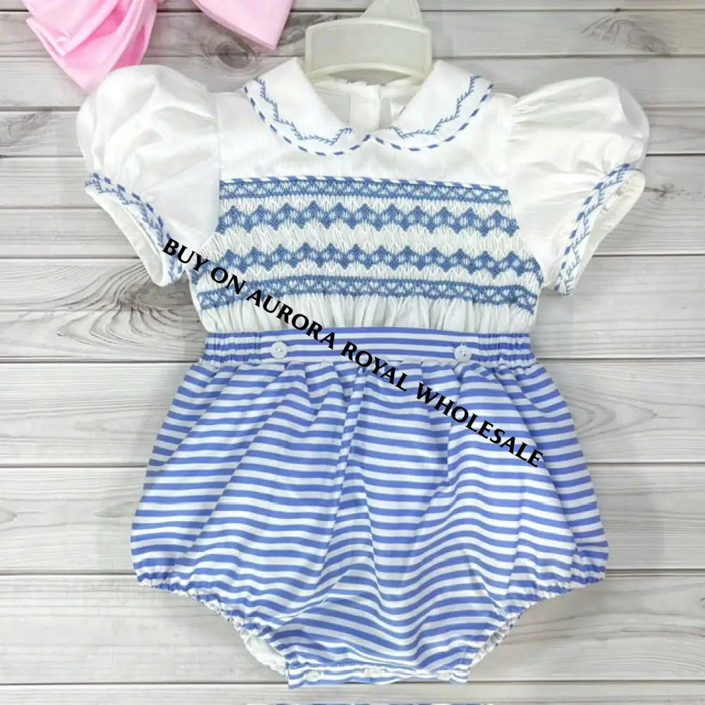 Pre-Order Now & Get It Next Week. New Pack Of 5 Sizes Ashley Blue Stripes Hand-Smocked Romper/Suit