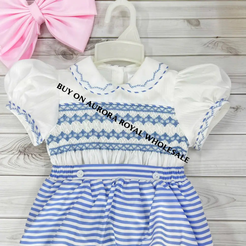 Pre-Order Now & Get It Next Week. New Pack Of 5 Sizes Ashley Blue Stripes Hand-Smocked Romper/Suit