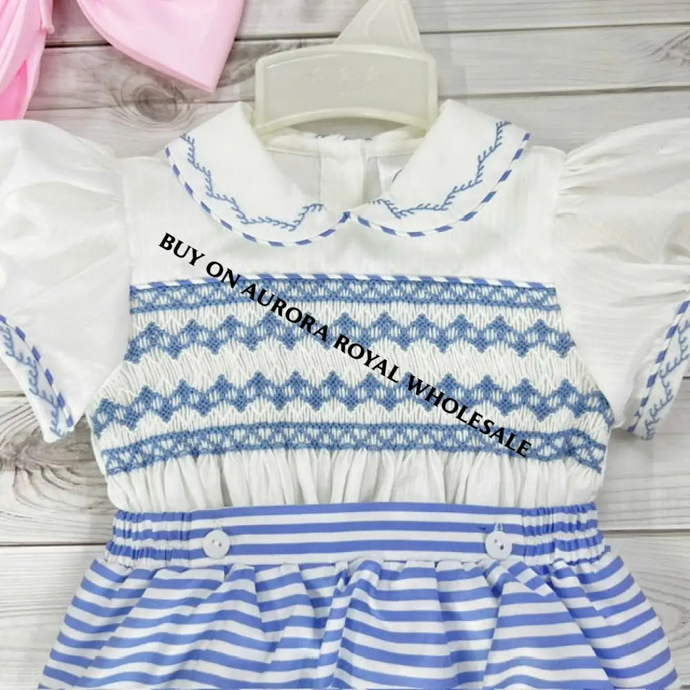 Pre-Order Now & Get It Next Week. New Pack Of 5 Sizes Ashley Blue Stripes Hand-Smocked Romper/Suit