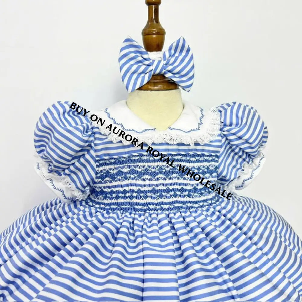 Pre-Order Now & Get It Next Week. New Pack Of 5 Sizes Ashley Blue Stripes Hand-Smocked Romper/Suit