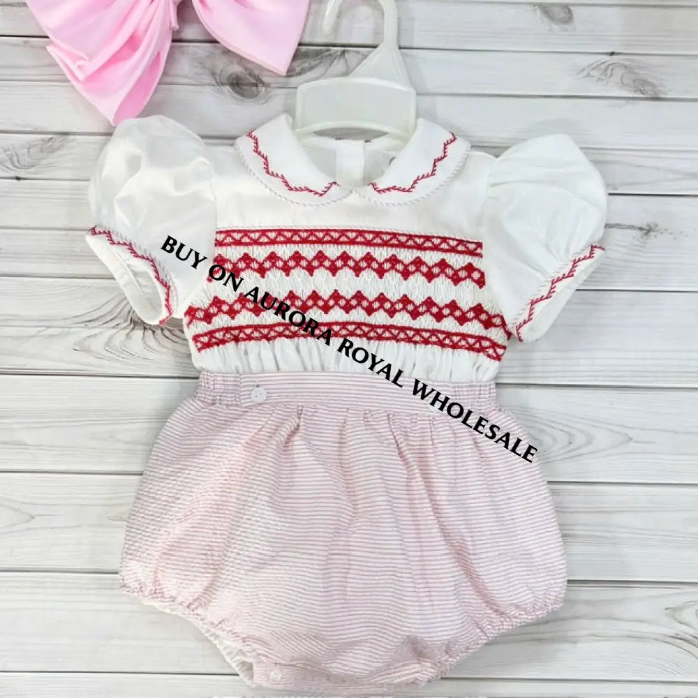 Pre-Order Now & Get It Next Week. New Pack Of 5 Sizes Ashley Red Stripes Hand-Smocked Romper/Suit