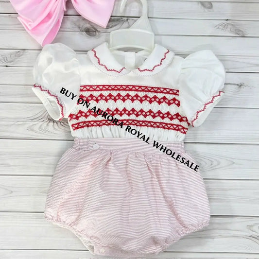 Pre-Order Now & Get It Next Week. New Pack Of 5 Sizes Ashley Red Stripes Hand-Smocked Romper/Suit