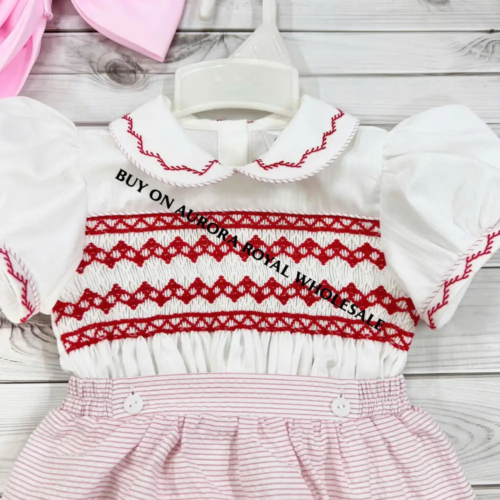 Pre-Order Now & Get It Next Week. New Pack Of 5 Sizes Ashley Red Stripes Hand-Smocked Romper/Suit