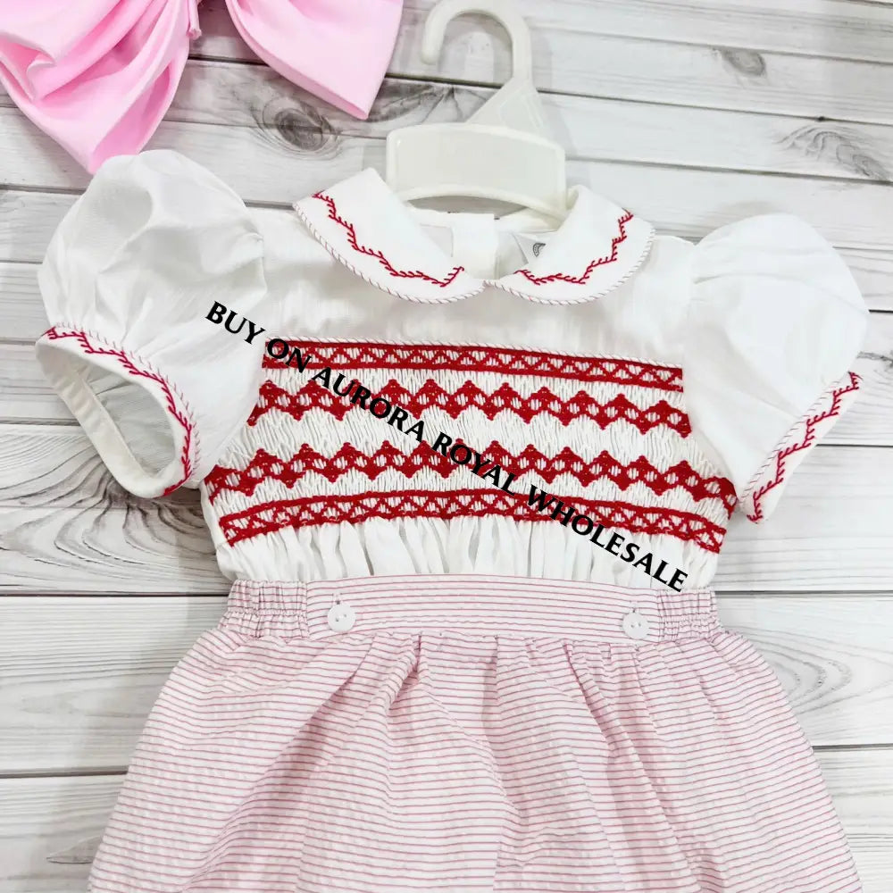 Pre-Order Now & Get It Next Week. New Pack Of 5 Sizes Ashley Red Stripes Hand-Smocked Romper/Suit