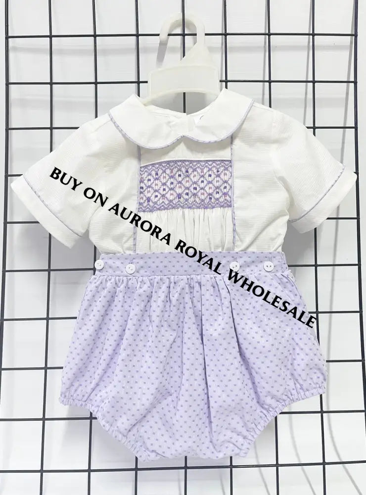 NEW🤩PACK OF 5 SIZES AUGUST LILAC & WHITE💜HAND-SMOCKED ROMPER SUIT🧵🪡 BABY/TODDLER OUTFIT