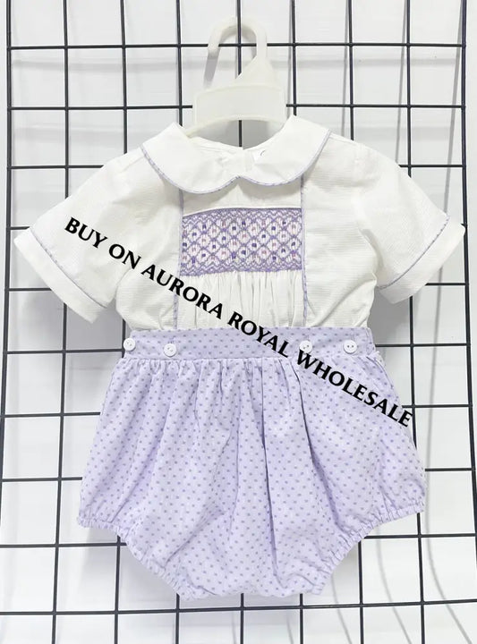 NEW🤩PACK OF 5 SIZES AUGUST LILAC & WHITE💜HAND-SMOCKED ROMPER SUIT🧵🪡 BABY/TODDLER OUTFIT