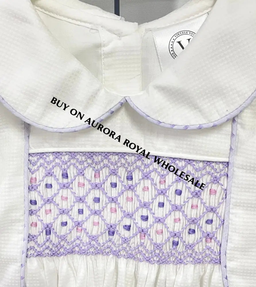 NEW🤩PACK OF 5 SIZES AUGUST LILAC & WHITE💜HAND-SMOCKED ROMPER SUIT🧵🪡 BABY/TODDLER OUTFIT