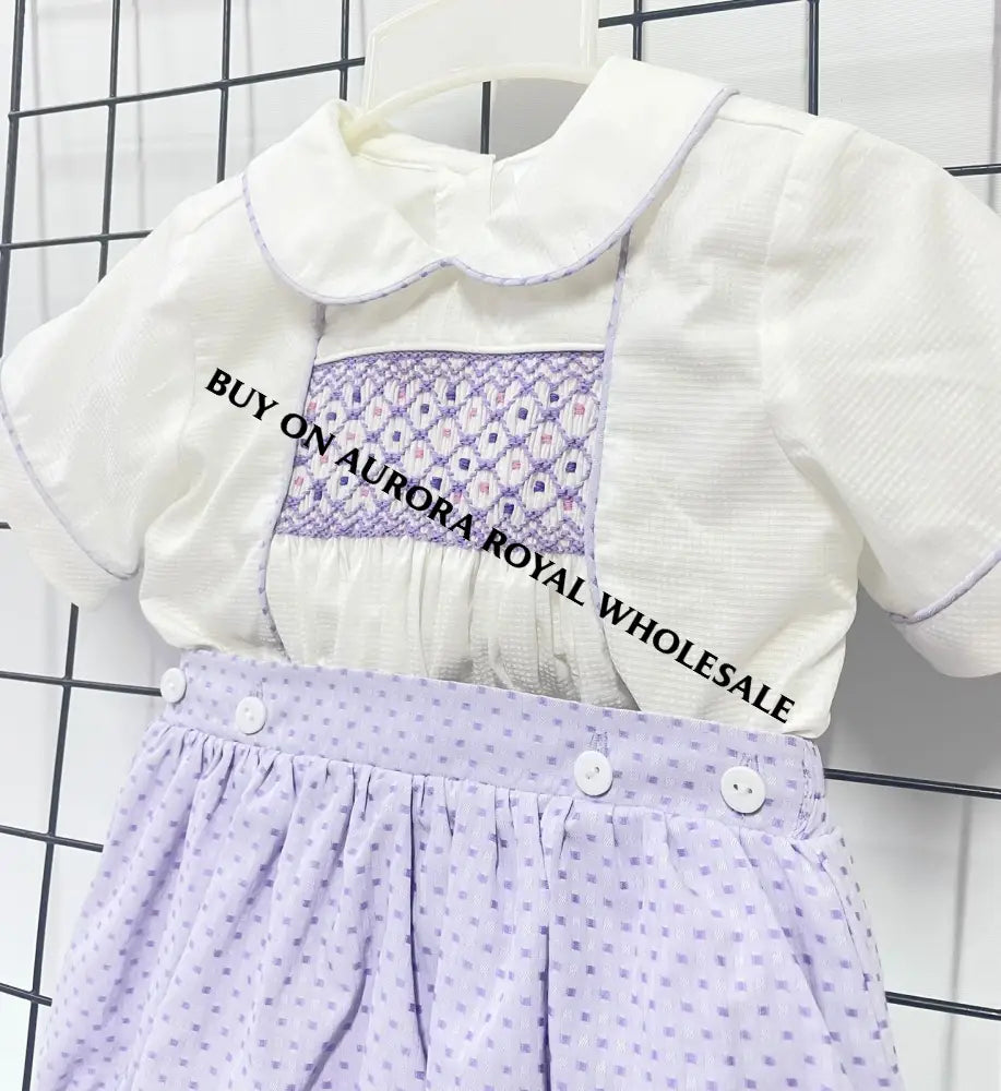 NEW🤩PACK OF 5 SIZES AUGUST LILAC & WHITE💜HAND-SMOCKED ROMPER SUIT🧵🪡 BABY/TODDLER OUTFIT