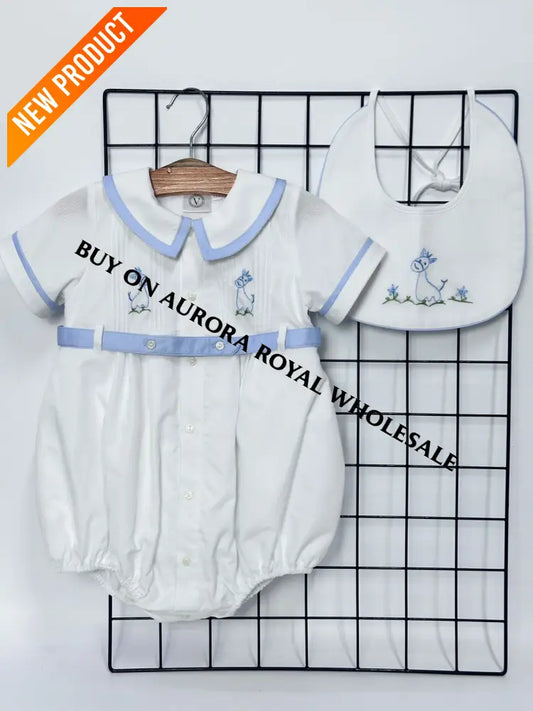 NEW🤩PACK OF 5 SIZES BAMBINO WHITE HAND EMBROIDERED🧵🪡BABY BOYS ROMPER & BIB🦒 BABY/TODDLER OUTFIT