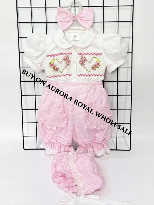 PRE-ORDER&GET NEXT WEEK‼️NEW PACK OF 5 SIZES 🤩BELLA PINK🩷HAND-SMOCKED 🧵🪡SHORTS,SHIRT SUN HAT & BOWS OUTFIT🎀 baby girls