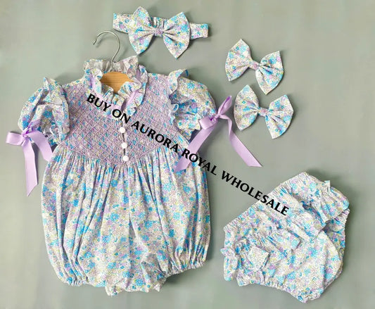 NEW☀️PACK OF 5 SIZES BELLE BLUE & LILAC FLOWERS HAND-SMOCKED ROMPER & HAIR BOWS🎀 BABY/TODDLER OUTFIT