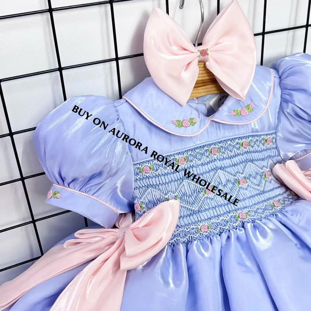 PRE-ORDER PACK OF 5 SIZES BELLE BLUE🩵ORGANZA HAND-SMOCKED🧵🪡DRESS & HAIR BOWS OR HEADBAND Baby-Toddler Dresses