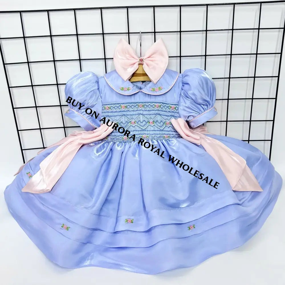 PRE-ORDER PACK OF 5 SIZES BELLE BLUE🩵ORGANZA HAND-SMOCKED🧵🪡DRESS & HAIR BOWS OR HEADBAND Baby-Toddler Dresses