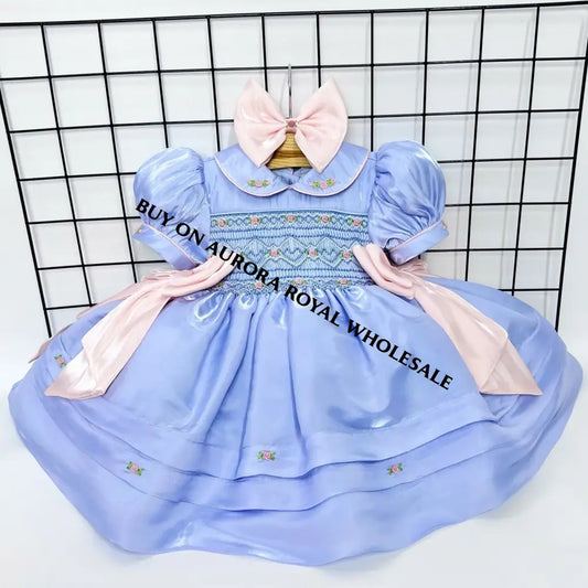 PRE-ORDER PACK OF 5 SIZES BELLE BLUE🩵ORGANZA HAND-SMOCKED🧵🪡DRESS & HAIR BOWS OR HEADBAND Baby-Toddler Dresses