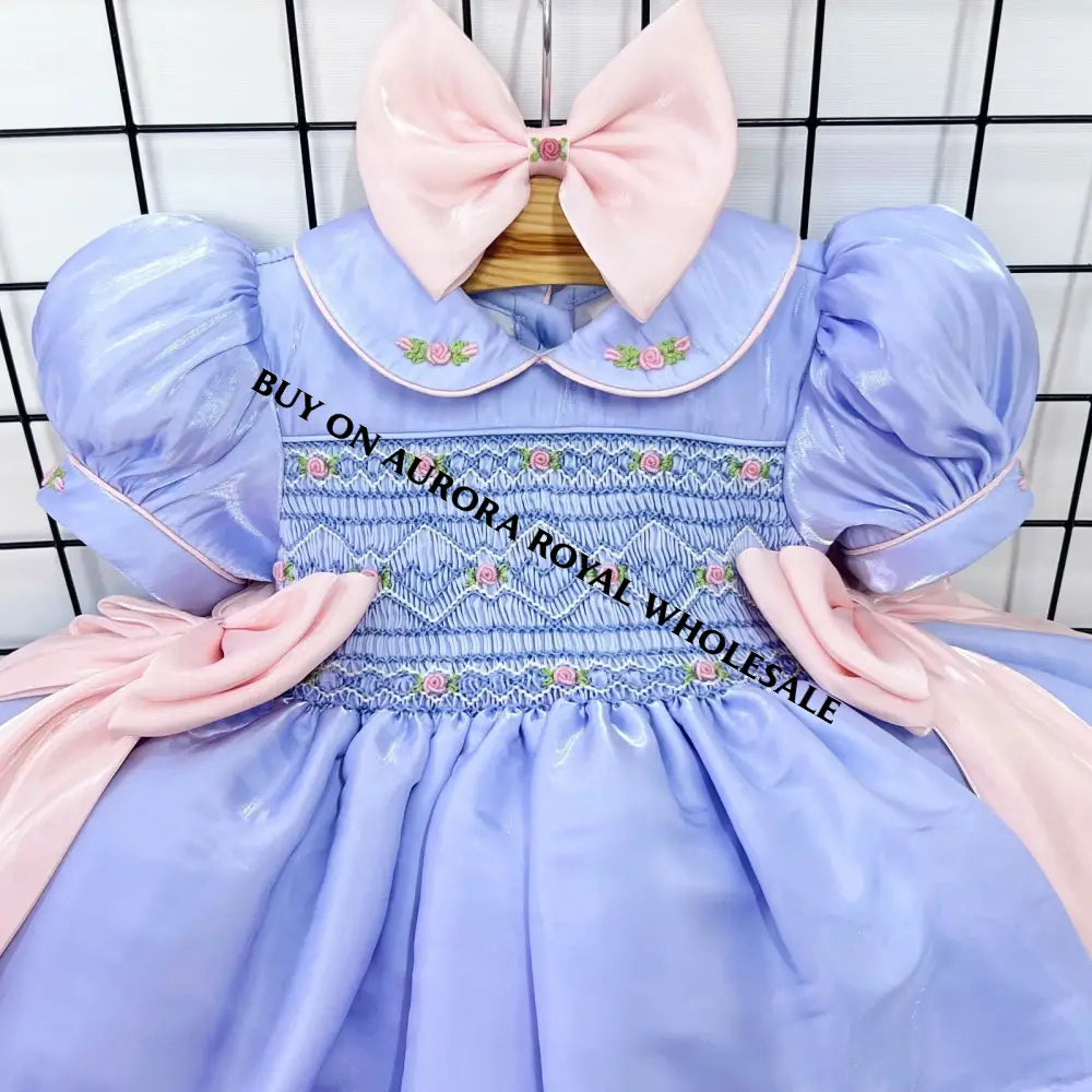 PRE-ORDER PACK OF 5 SIZES BELLE BLUE🩵ORGANZA HAND-SMOCKED🧵🪡DRESS & HAIR BOWS OR HEADBAND Baby-Toddler Dresses