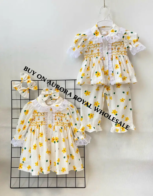 NEW🤩PACK OF 5 SIZES BETSY SWISS DOT LEMON🍋FLORAL💐HAND-SMOCKED🧵🪡👑 PYJAMA,GOWN & HAIR BOWS🎀 BABY/TODDLER OUTFIT