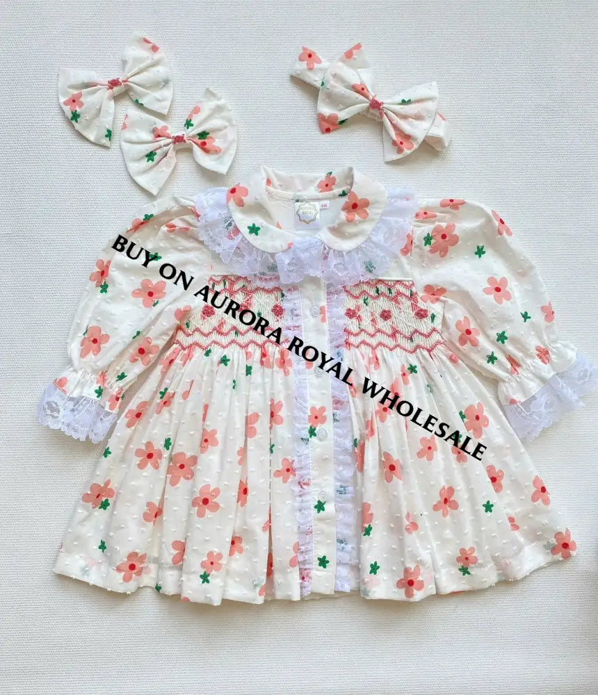 NEW🤩PACK OF 5 SIZES BETSY SWISS DOT PEACH FLORAL💐HAND-SMOCKED🧵🪡👑 PYJAMA,GOWN & HAIR BOWS🎀 BABY/TODDLER OUTFIT