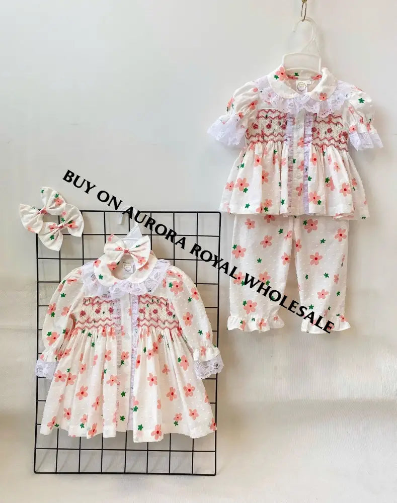 NEW🤩PACK OF 5 SIZES BETSY SWISS DOT PEACH FLORAL💐HAND-SMOCKED🧵🪡👑 PYJAMA,GOWN & HAIR BOWS🎀 BABY/TODDLER OUTFIT