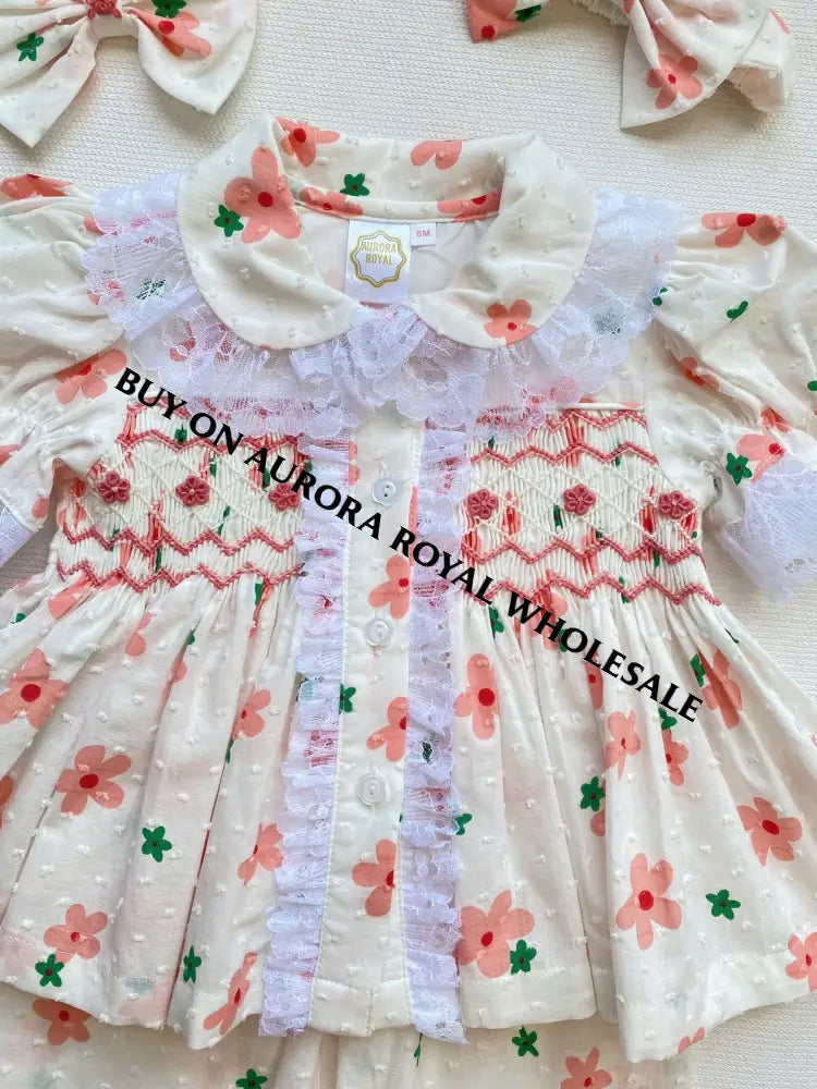 NEW🤩PACK OF 5 SIZES BETSY SWISS DOT PEACH FLORAL💐HAND-SMOCKED🧵🪡👑 PYJAMA,GOWN & HAIR BOWS🎀 BABY/TODDLER OUTFIT