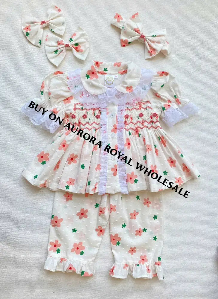 NEW🤩PACK OF 5 SIZES BETSY SWISS DOT PEACH FLORAL💐HAND-SMOCKED🧵🪡👑 PYJAMA,GOWN & HAIR BOWS🎀 BABY/TODDLER OUTFIT