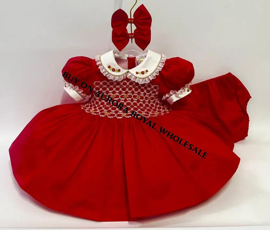 PRE-ORDER & GET NEXT WEEK‼️NEW🤩PACK OF 5 SIZES CAROL🎄🤶RED & GOLD HAND-SMOCKED🧵🪡👑DRESS,PANTIES & HAIR ACCESSORIES🎀